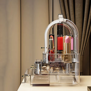 Table de toilette de luxe, boîte de rangement cosmétique transparente anti-poussière avec 3 <span class=keywords><strong>tiroirs</strong></span> et couvercle anti-poussière pour pinceaux, parfums, soins de la peau - Product Image 1