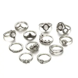 VRIUA 12 teile/los Mulit stil Ring Sets Für Frauen Trendy Boho Mickey Crown Lotus Schmuck Silber Hohl Ringe