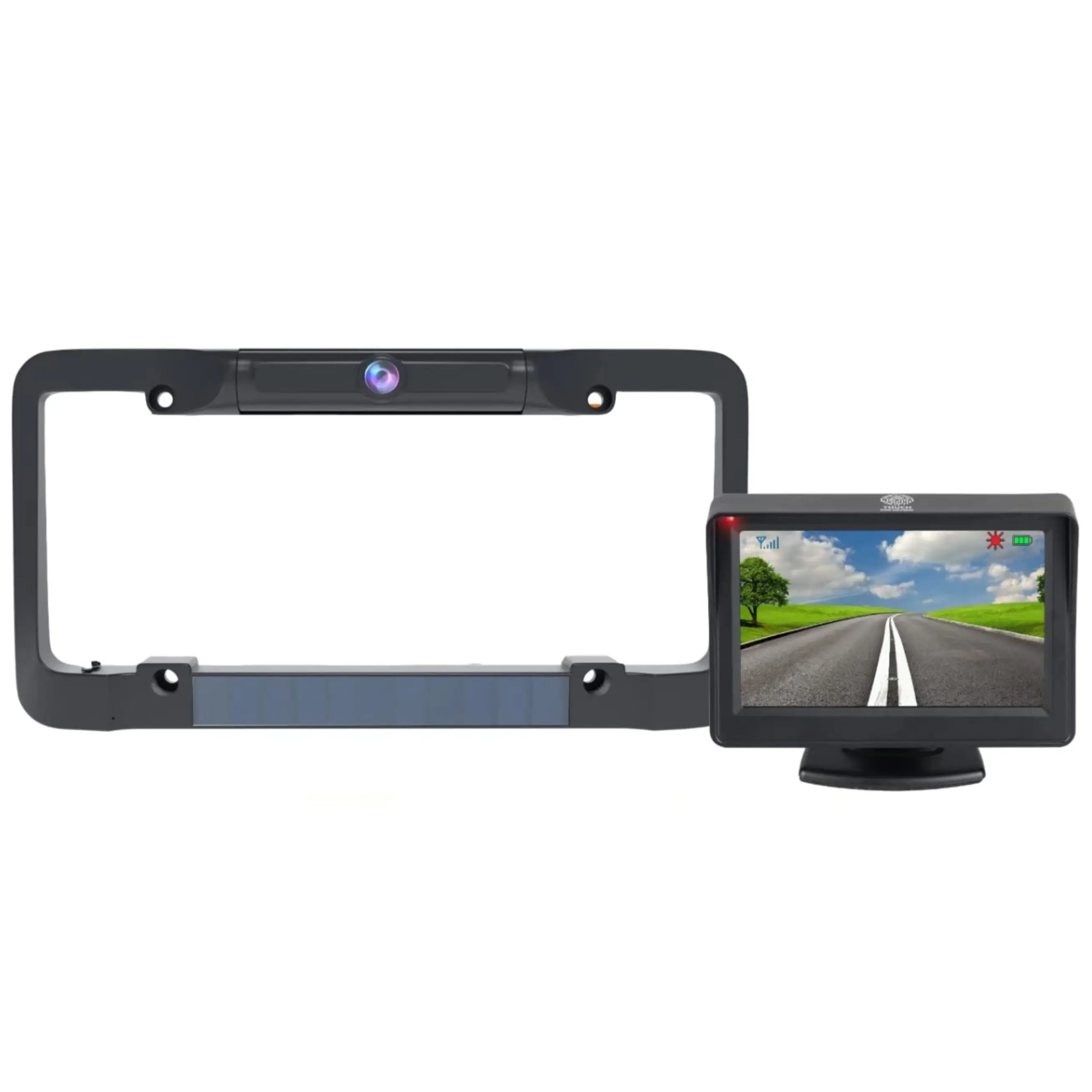 Wireless Solar Powered Backup Camera System with 4.3'' Color Dash Monitor and License Plate Frame for Cars, Trucks and SUV's