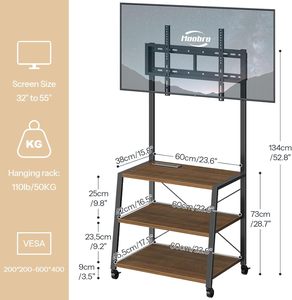 Meuble <span class=keywords><strong>TV</strong></span> moderne en bois sur <span class=keywords><strong>roulettes</strong></span> avec support et prise de courant pour téléviseurs jusqu'à 55 pouces, avec étagères de rangement à 3 niveaux - Product Image 3