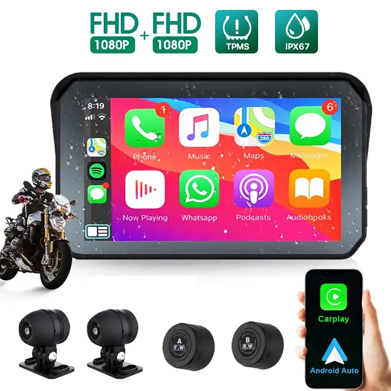 Motorcycle Carplay Waterproof 1080P 5 inch WiFi Wireless Android-Auto DVR Monitor Dash Cam GPS Navigation TPMS