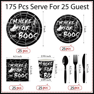 Halloween <b>Disposable</b> Tableware Set Paper <b>Plates</b> Cups Napkins Fork Spoon Knife Party Supplies Kit Spider Web Ghost Skeleton - Product Image 2