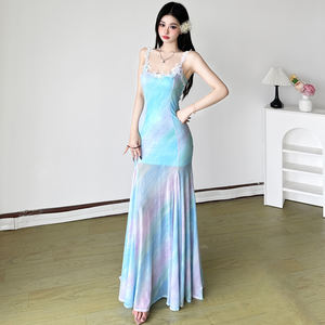 Vestido Maxi de Malla con Apliques de Encaje en Degradado Inspirado en Sirenas, con Tirantes Finos, para Mujer, Ideal para Vacaciones en la Playa o Resort - Product Image 4