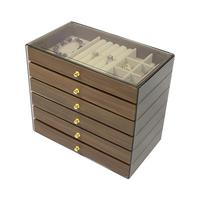 Boîte de rangement à bijoux multi-niveaux de luxe avec finition grain de noyer, couvercle anti-poussière transparent et tiroirs de grande capacité pour la vente au détail