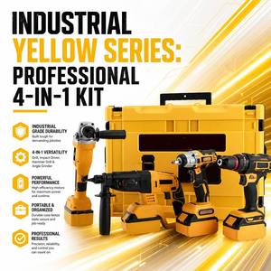 Kit d'outils électriques professionnels 4-en-1 sans balais, série jaune, robuste, avec marteau, clé et perceuse, vente en gros directe usine - Product Image 1