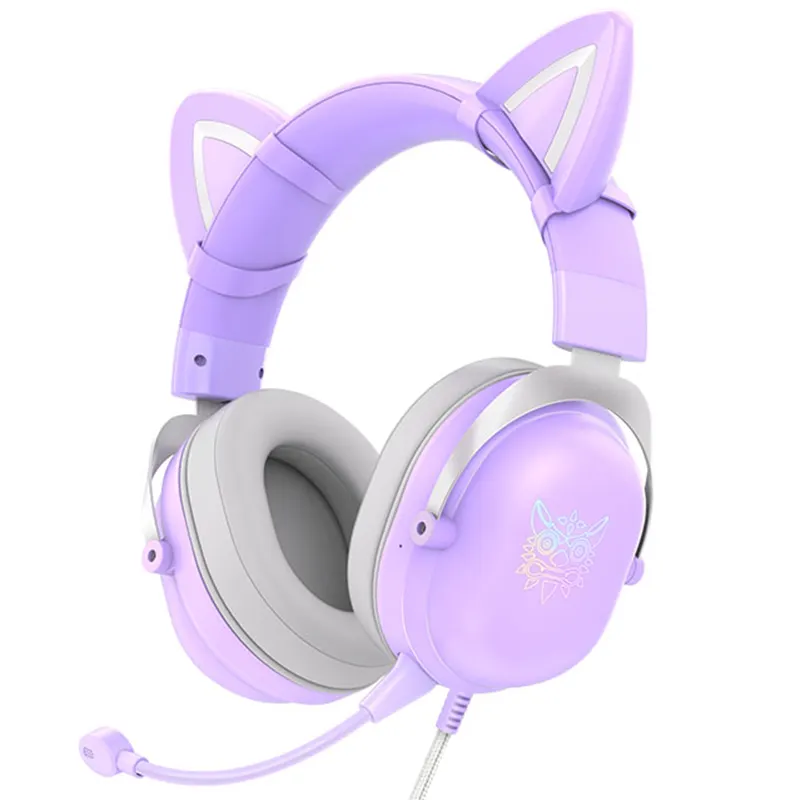 Проводные Игровые наушники Onikuma с микрофоном для девочек, фиолетового и розового цветов, 3,5 мм, RGB, гарнитура с милыми кошачьими ушками