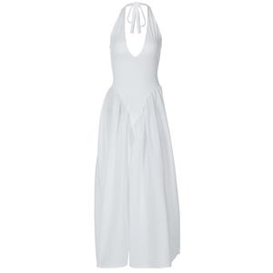 <span class=keywords><strong>Abito</strong></span> Lungo Elegante da Sera Bianco con Scollo a V Profondo, Halter, Linea ad A, Senza Schienale, Vita Alta, Casual da Donna - Product Image 5