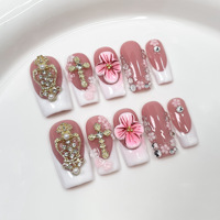 10 faux ongles faits à la main, carrés moyens, avec motif floral 3D, ongles en acrylique de luxe