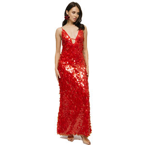 2025 Neuankömmling Frauen V-Ausschnitt Spaghetti träger Schulter Langes Kleid Abend party Kleider Red <span class=keywords><strong>Plunge</strong></span> Neck Pailletten Maxi kleid - Product Image 1