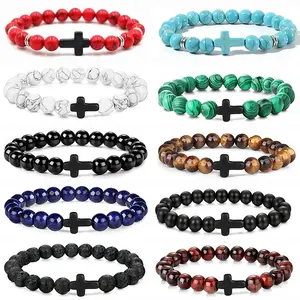 Blue Pine Stone Black Lava Matte 8mm Gemstone Beaded Bracelets Natural Stone Cross Bracelets For Men Women