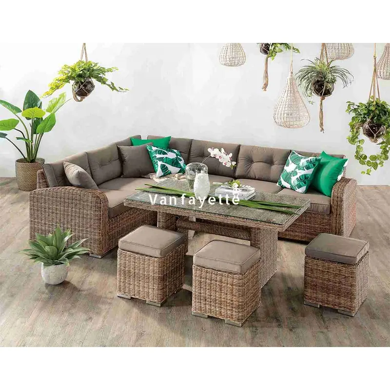 Soggiorno Set di mobili da giardino in vimini divano da esterno in vimini sezionale da esterno con Set da tavolo da pranzo
