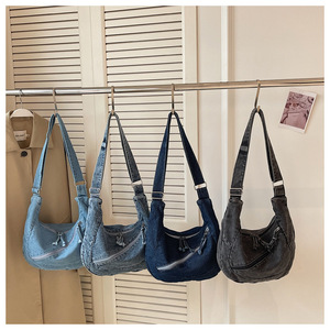 Denim <b>Shoulder</b> Bag Single <b>Strap</b> Zipper Closure Tassel Decoration Normcore Style All Seasons Daily Use - Product Image 1