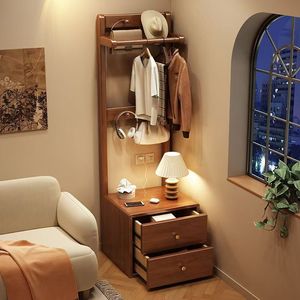 Solid Wood Coat Rack Floor <b>Standing</b> Multi Functional Clothing Storage Cabinet With Hanger And Drawer For Bedroom Home Use - Product Image 2