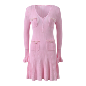Robe Courte <span class=keywords><strong>Mini</strong></span> Rose Délicat 2025 Début d'Automne pour Femme, Col en V, Manches Longues, Tricot Creux, Coupe Trapèze, Ornée de Perles, Unie, Style Vintage - Product Image 1