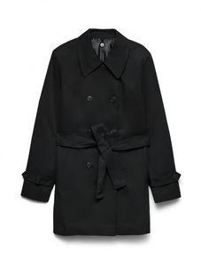 Elegant Black <b>Double</b> <b>Breasted</b> Trench <b>Coat</b> With Belt Notched Collar Full Sleeve Medium Length <b>Women's</b> All Seasons Woven Polyester - Product Image 1