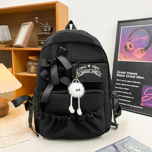 Dropshipping Nylon Women <b>Large</b> Capacity College Backpack Cute <b>Bow</b> Pleated Stylish Student Daily Shoulder Handbag - Product Image 4