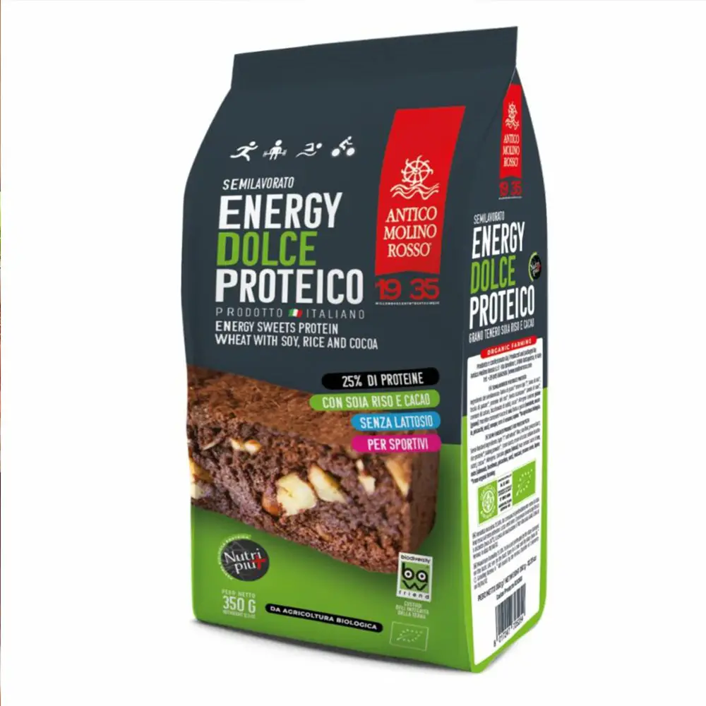 Mix proteico di dolci energetici biologici cottura del grano con riso di soia e farina di cacao macinazione di pietre cibo sportivo Made in Italy