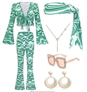Costume de disco des années <span class=keywords><strong>70</strong></span> pour femmes Ensemble d'accessoires de tenues des années 1970 avec haut chemises pantalons lunettes boucles d'oreilles <span class=keywords><strong>bandeau</strong></span> - Product Image 1