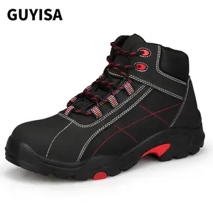 GUYSIA Fashion mid-cut safety shoes waterproof two-layer cowhide surface men's outdoor work plastic toe safety shoes
