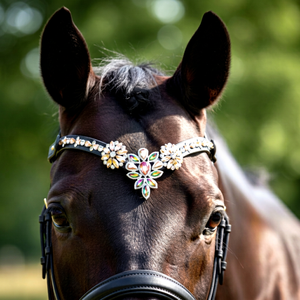 Diadema de Lujo para Caballo con Flores de Cristal, Cuero Negro y Decoración de Diamantes de Imitación, Color y Tamaño Personalizables - Product Image 1