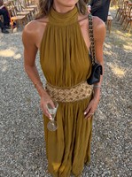 Robe longue licou dos nu en dentelle de luxe brodée de perles avec ceinture plissée, confortable pour les vacances, les soirées et les fêtes – Prix direct usine OEM