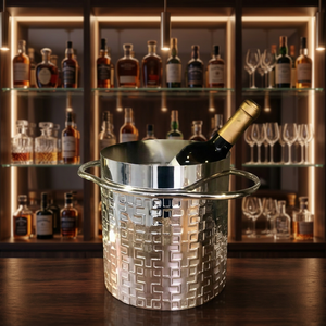 Seau à glace de luxe en acier inoxydable à motif géométrique pour champagne, refroidisseur à vin avec poignées, accessoire de service de table pour bar, argenté - Product Image 4