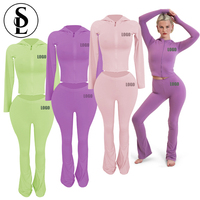 Vêtements pour femmes Veste à capuche 2 pièces avec fermeture éclair Pantalon évasé Gym Fitness Sets Custom Logo Tall Girl Friendly Outfit Tracksuit Set
