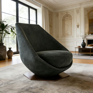 Fauteuil design avec forme sculpturale fluide en forme d'œuf, revêtement en cuir suédé et base en fibre de verre pour maison et hôtel de luxe - Product Image 2