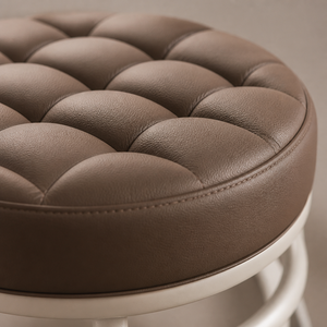 Luxury Tufted Brown Leather Salon <b>Stool</b> Low Rolling Stylist Chair with White Metal Frame and Caster Wheels Barbershop Seating - Product Image 4