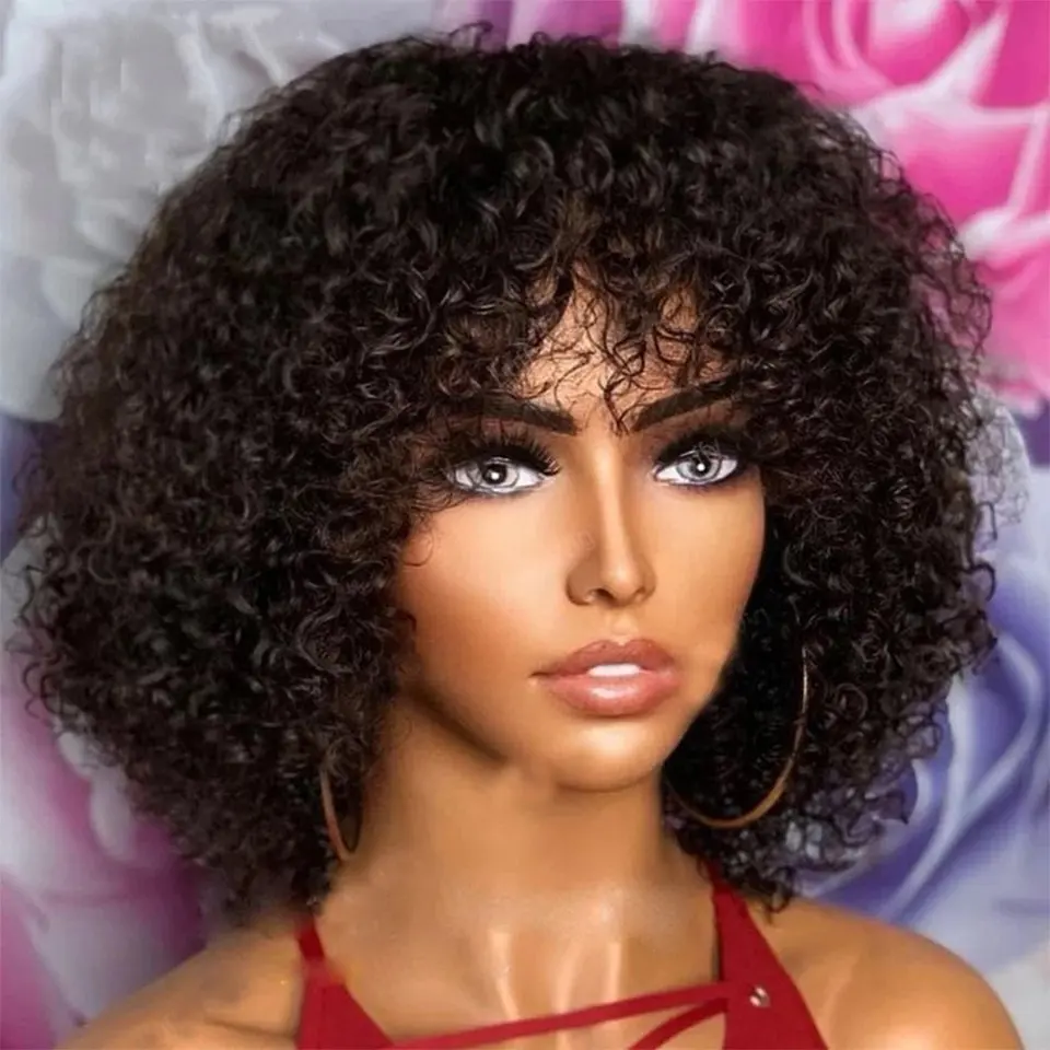 Wholesale Peruvian Hair Wig Raw Indian Temple Hair Lace Frontal Wig Vendor Kinky Curly Human Hair Short Bob Wigs with Bangs