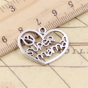 Dijes corazón <span class=keywords><strong>Super</strong></span> <span class=keywords><strong>Mama</strong></span> 20x26mm hecho a mano ajuste, colgantes de Color plata tibetana Vintage, DIY para collar de pulsera - Product Image 2