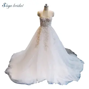 A-line floor length strapless sleeveless embroidery and beading short train bridal wear wedding dress