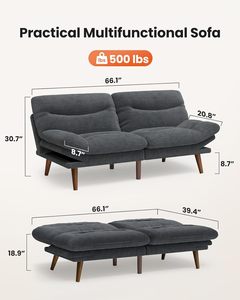 Sofá Cama Modular Ajustable de 66 Pulgadas, Convertible en Futón de Pana, con Respaldo y Reposabrazos, Seccional para Espacios Pequeños, Color Gris - Product Image 2