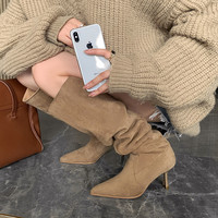 Bottines à talons aiguilles pour femmes, style fourrure épaisse, talons pointus et hauts jusqu'au genou, design à semelle épaisse