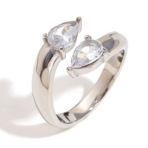 Stainless Steel 18K Gold Plated Open Cuff <b>Ring</b> Double Pear Shape Zircon Inlaid Elegant Trendy Statement <b>Finger</b> <b>Ring</b> For Women - Product Image 1