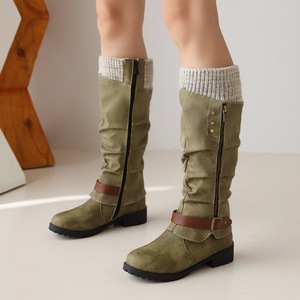 Botas de gamuza hasta la rodilla con cremallera y hebilla, punta redonda, tacón cuadrado bajo, zapatos de mujer con forro de felpa, envío directo - Product Image 4