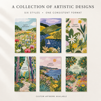 Cartes de vœux d'anniversaire sur le thème des paysages artistiques, cartes en papier plat imprimées recto-verso personnalisées avec espace pour messages personnels