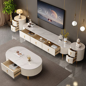 طاولة تلفزيون وطاولة شاي من الخشب الصلب بتصميم عصري بسيط لغرفة المعيشة، خزانة أرضية منزلية لشقق صغيرة بنمط فاخر كريمي - Product Image 2