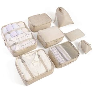 Ensemble de 9 organiseurs de maquillage de voyage écologiques personnalisés, étanches, en PVC et maille, avec cubes de compression en polyester - Product Image 1