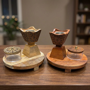 Ensemble brûleur d'encens en bois fait main avec pot en acrylique, support aromatique en bois de santal, plateau à motif de feuilles, utilisation toute saison, cadeau Ramadan Aïd - Product Image 1