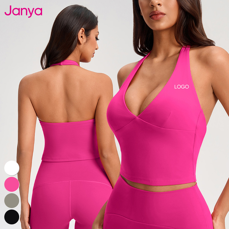 Janya Custom Logo Gym Clothing Sexy Deep V Neckline Sports Vest Sleeveless Active Tops Backless Halter Yoga Tank Top for Women