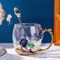 Ensemble de tasses à café et à thé en verre cristal de luxe créatif, cuillère, fait main, soufflé à la bouche, art moderne, design coloré transparent bleu rose