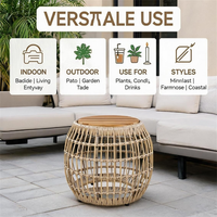 Table d'appoint extérieure en rotin tressé, table ronde de patio avec plateau en bois d'acacia pour jardin, cour, balcon