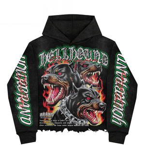 เสื้อฮู้ดดี้ผู้ชาย HELLHOUND ทรงโอเวอร์ไซส์ สไตล์สตรีทแวร์ พิมพ์ลายสุนัขและเปลวไฟ สีดำ ผลิตจากโพลีเอสเตอร์ ขายดีที่สุดสำหรับฤดูหนาว - Product Image 2