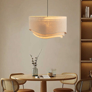 Japanese Wabi Sabi Linen Chandelier Round E27 Led <b>Light</b> For <b>Dining</b> Living Room Bedroom Study Tea Room - Product Image 2