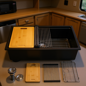 Évier de cuisine à cuve unique de 30 pouces, à encastrer sous plan, pour camping-car, bar, finition mate moderne, en acier inoxydable, avec drain - Product Image 2