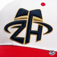 Casquette de baseball unisexe blanche et rouge bicolore, visière contrastante, six panneaux structurés, réglable, logo brodé personnalisé