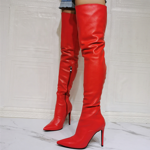 Bottes hautes sur mesure rouge vif grande taille 47 pour femme, bottes longues sexy à talon aiguille avec fermeture éclair semi-glissante - Product Image 4