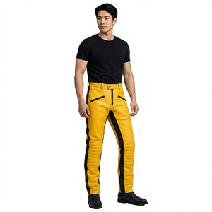 <b>Men</b> Yellow <b>Leather</b> Moto Biker <b>Pants</b> with Black Side Stripe Mid Waist Zipper Fly Straight Fit Winter Casual Wear Midweight - Product Image 4