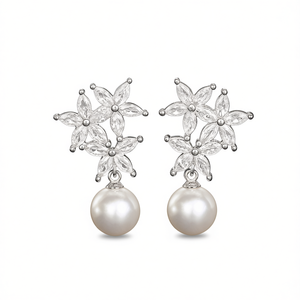 Boucles d'oreilles pendantes en or blanc E4256 avec perle de culture ronde AAA, bijoux de mariage classiques pour femmes, sertissage griffe en or 18 carats - Product Image 1